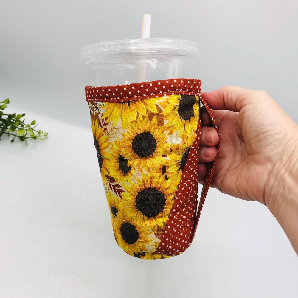 Drink Coozie w Handle Hot Cold Insulated Sunflowers and Dots Fall
